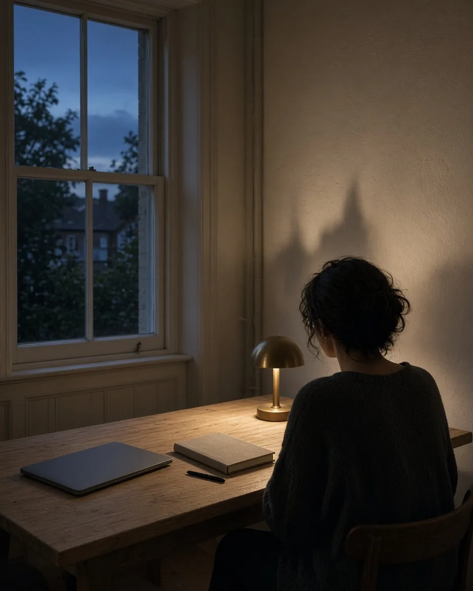 An adult at a pale oak table at dusk, closed laptop, linen notebook and a small brass lamp