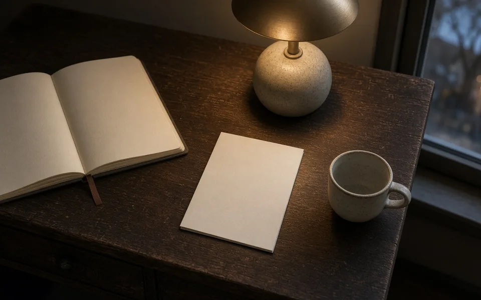 A home desk from above with a notebook, a warm lamp and a ceramic cup
