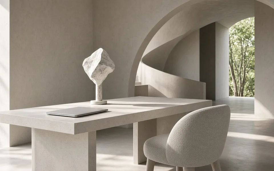 A bright compact home workspace with a closed laptop, a table lamp and an empty chair