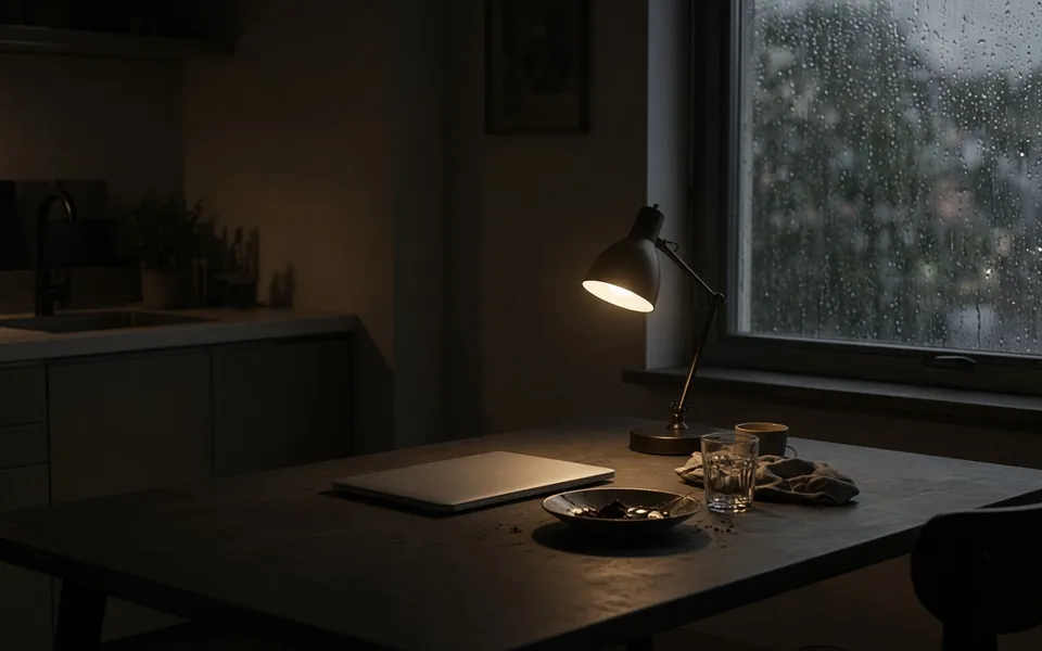 An evening kitchen nook with a shut laptop, a task lamp and rain on the window