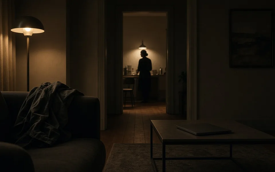 A living room after work hours with a floor lamp, closed laptop and a jacket on a chair